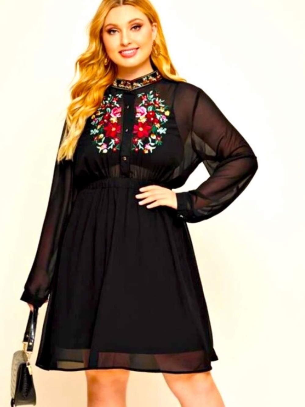 Long Sleeve Floral Embroidered Dress